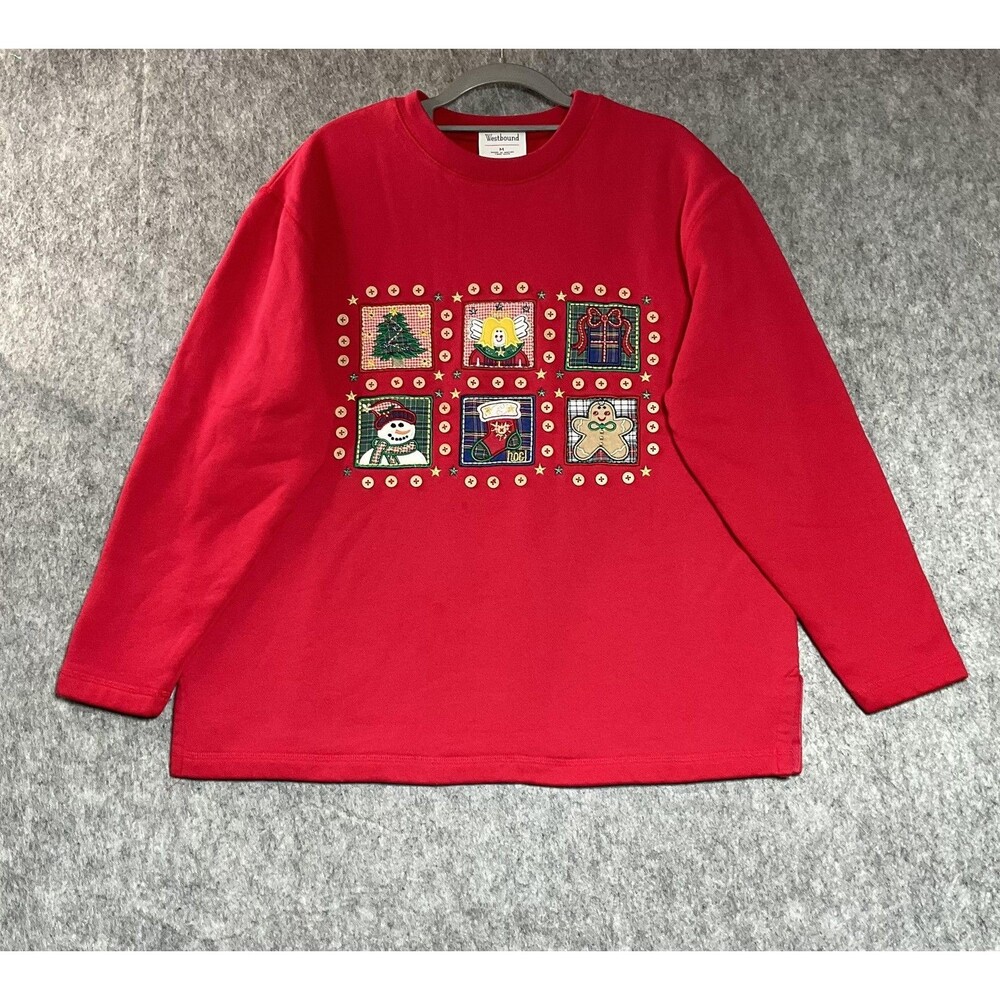 Vintage Sweatshirt Womens Medium Red Christmas Snowman Gingerbread Embroidered - Picture 2 of 10